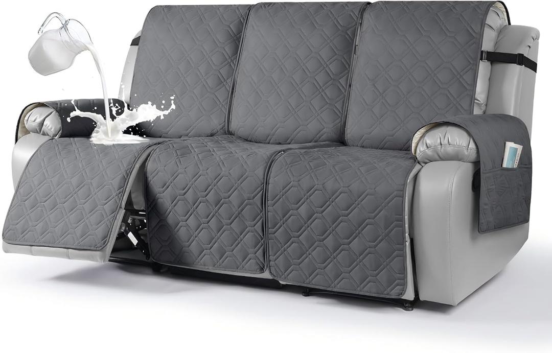 VANSOFY Waterproof Recliner Couch Covers, Sofa Covers 1-Piece Washable Reclining Sofa Cover Non-Slip Furniture Protector with Elastic Straps Pocket for Dogs, Pets(Dark Gray,3 Seater)