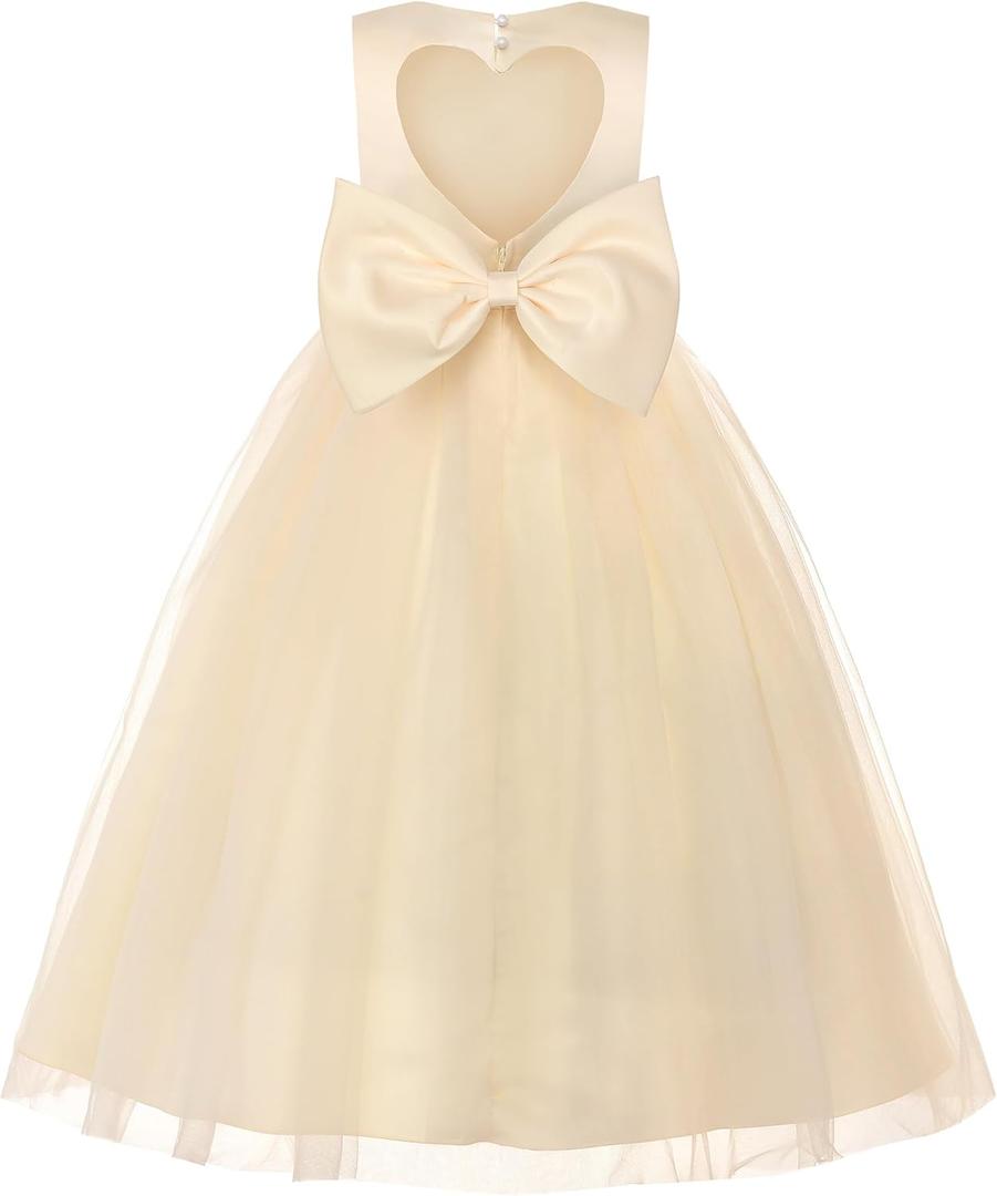 JerrisApparel Flower Girl Dress Heart Cutout Back Sleeveless Tulle Gown Beaded Waist Wedding Party Dress (3-4 Years, Apricot)