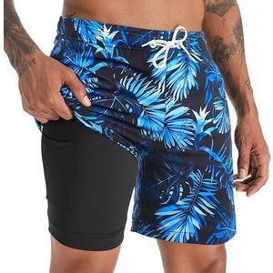 zeetoo Mens Swim Trunks with Compression Liner 5.5" Inseam Shorts Bathing Suit Quick Dry Swimsuit L, Leaf-darkblue