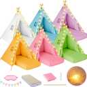 6 Pack Teepee Tent for Kids Sleepover Tent with 6 Air Mattresses (64"x28"), Star Lights, Eye Masks, Banners, Kids Teepee Tents for Boys Girls Indoor Outdoor Party Birthday Glamping (Colors)