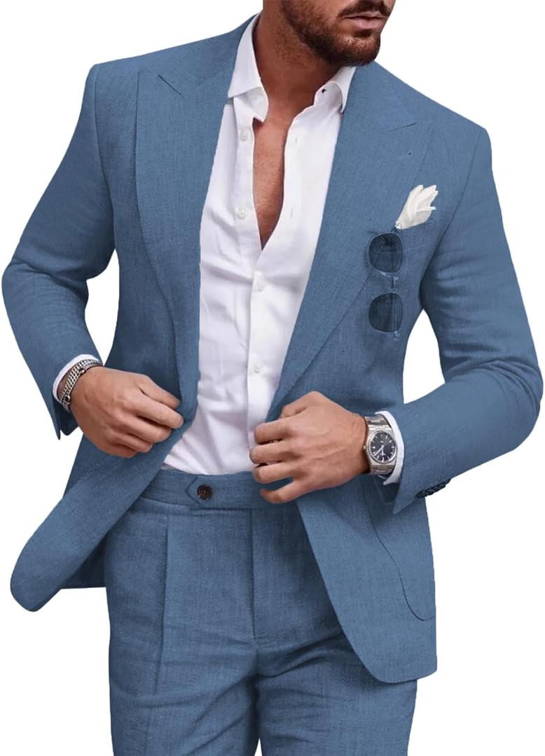 UNINUKOO Linen Suit for Men Summer Wedding 2 Piece Suit Set Peak Lapel Casual Blazer Pants Beach Wear for Men (Large, Light Blue)