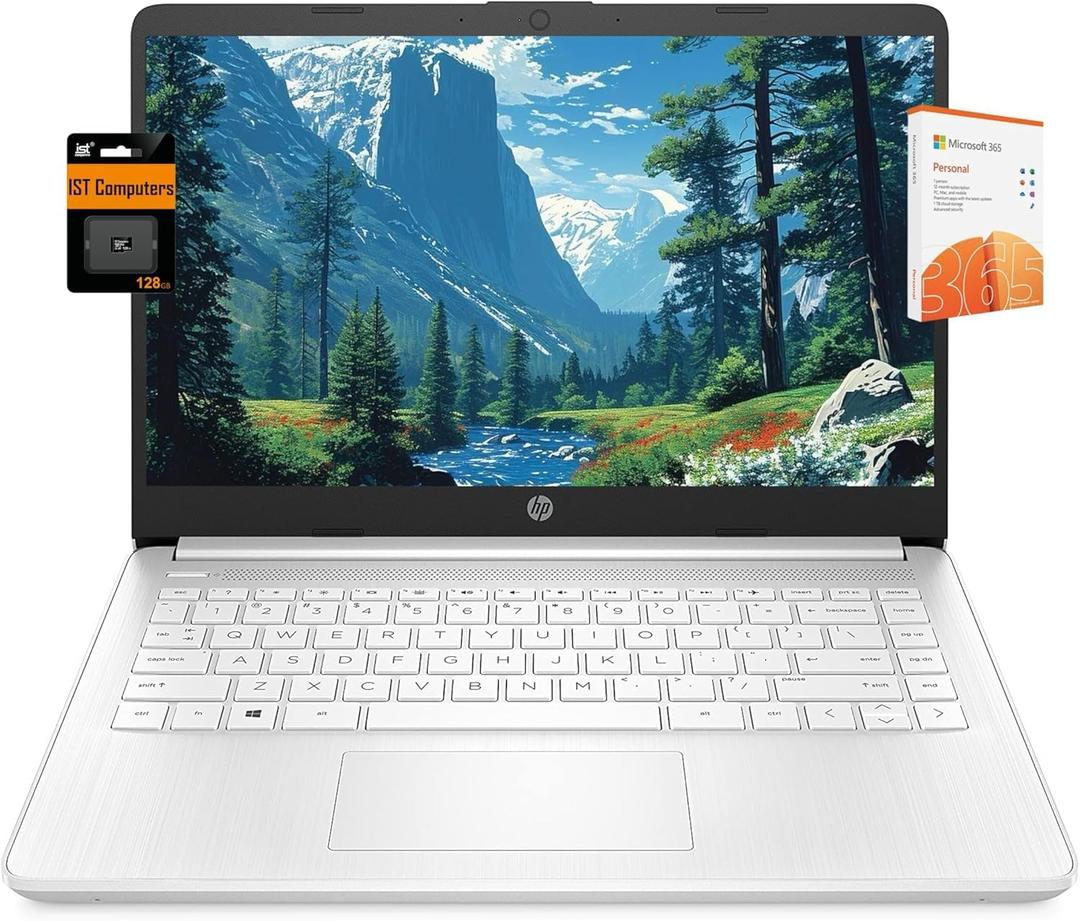 HP 14 Laptop (14" Micro-Edge, Intel N4120, 16GB RAM, 192GB(64GB eMMC+128GB SD), 1-Yr Microsoft 365, 11-Hrs Long Battery Life, Narrow-Bezel, Webcam, WiFi, Win 11 Home in S Mode, Student & Home, White