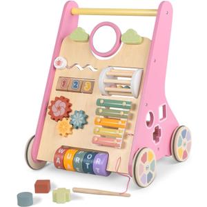 Baby Walker with Wheels, Wooden Push Walker Toys for Babies 6-12 Months, Baby Girl Walking Activity Toys for 1 Year Old