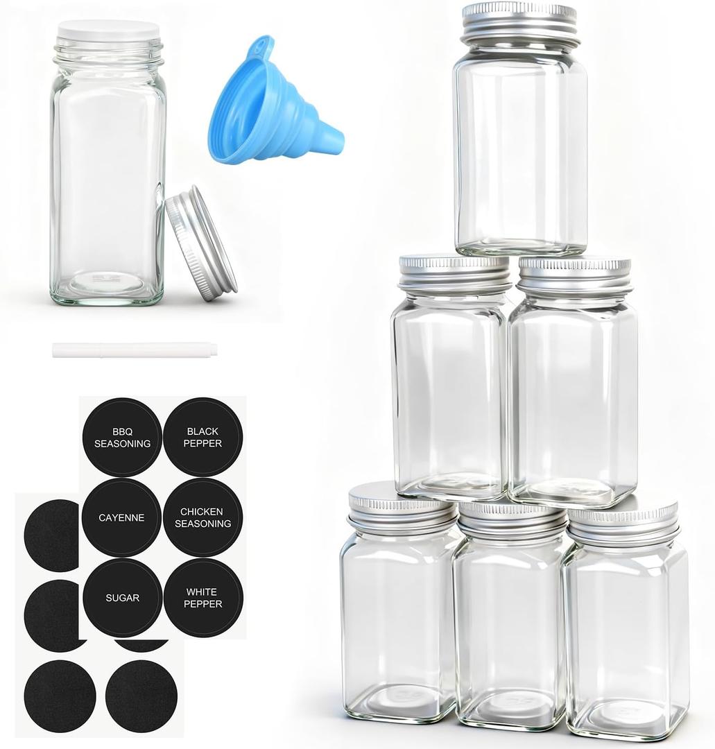 DkOvn 6pcs Glass Spice Jars, 4oz Empty Spice Jars with Metal Caps, Labels, Shaker Lids, Collapsible Funnel, Chalk Pen, Seasoning Organizer for Spice Rack