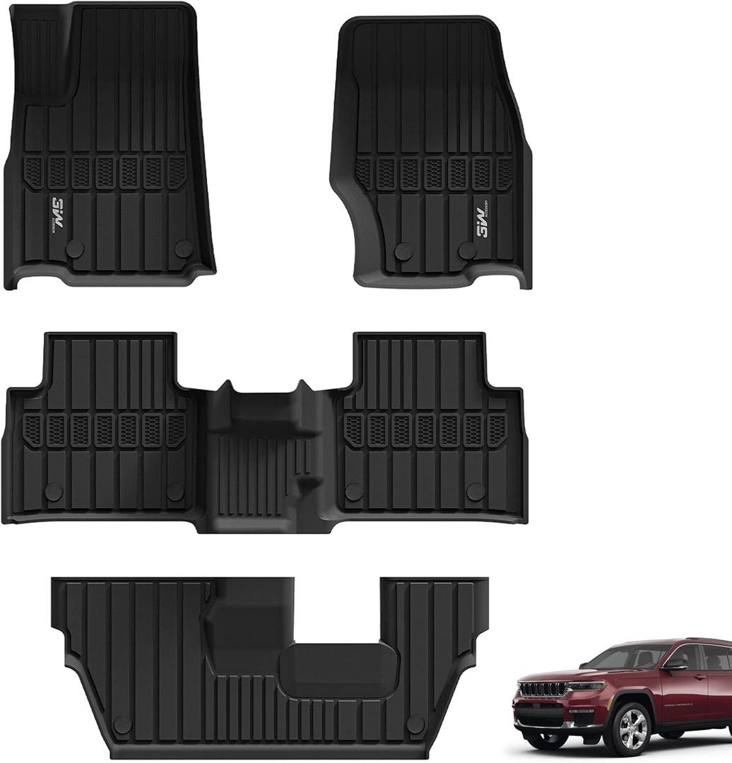 3W Floor Mats Fit for Jeep Grand Cherokee L 7 Seat 2021-2025 2026 All Weather TPE Custom Fit Floor Liner for 1-3 Rows Full Set Car Mats Black(NOT Fit for 6-Passenger)