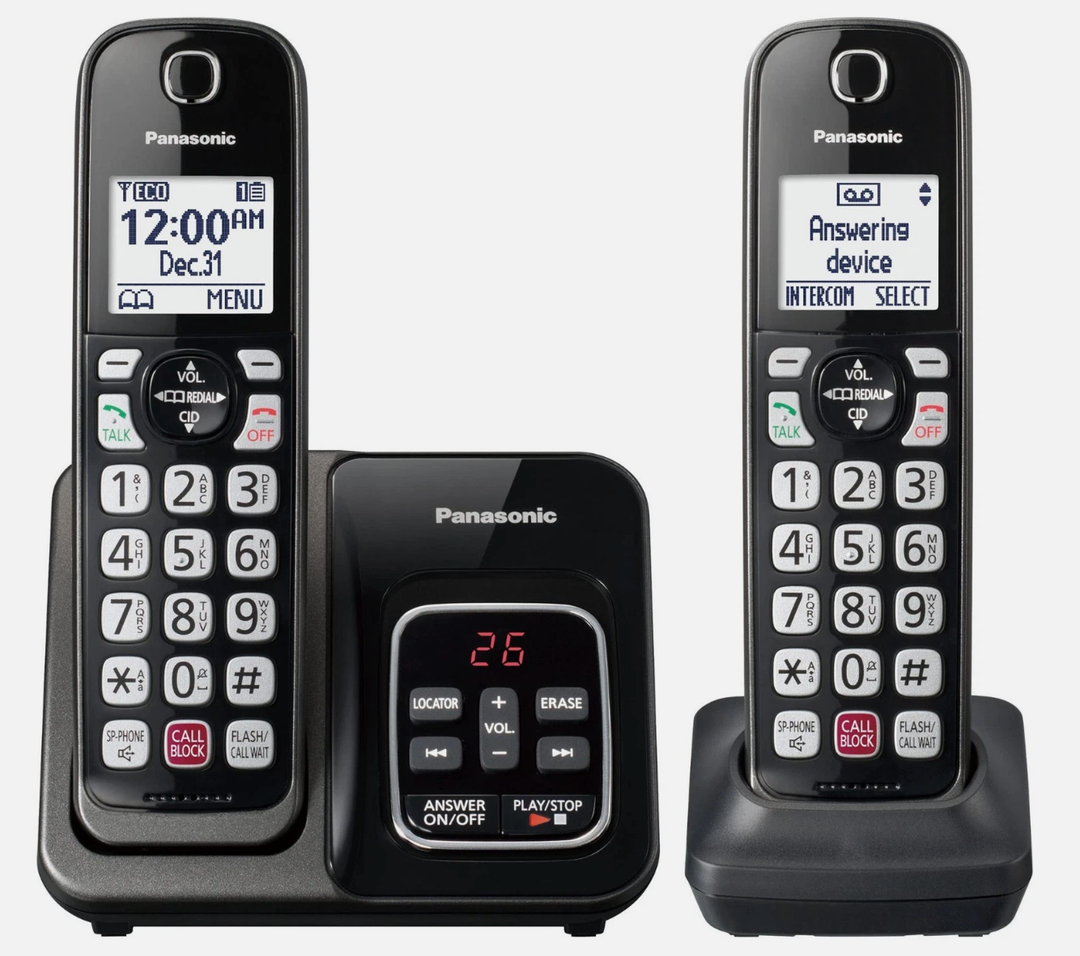 Panasonic Cordless Phone with Answering Machine, Advanced Call Block, Bilingual Caller ID and HighContrast Display, Expandable System with 2 Handset Cordless Telephones  KXTGD832M (Metallic Black)