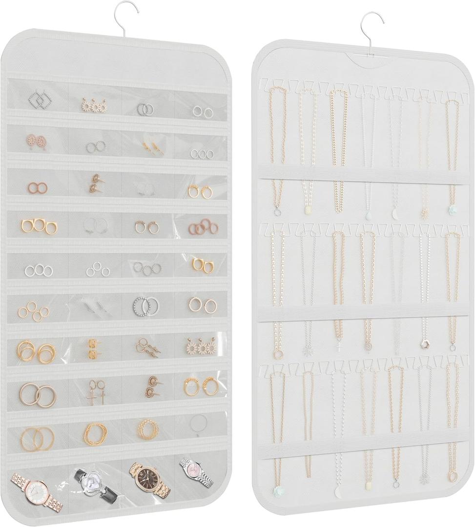 Hanging Jewelry Organizer Storage, 40 Pockets 36 Hooks Necklace Earring Necklace Bracelet Ring Organizer, Double - Sided Design, White