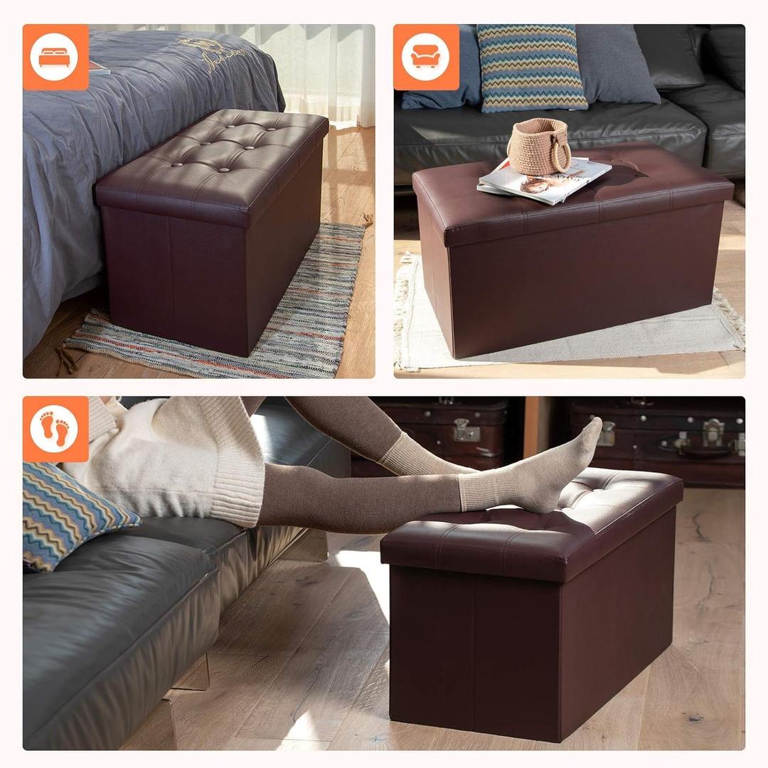COSYLAND Ottoman Bench with Storage large-30x15x15in Folding Leather Ottoman, Rectangle Foot Stool Foldable Storage Chest Footrest Footstool Collapsible with Lid for Bedroom Living Room Brown