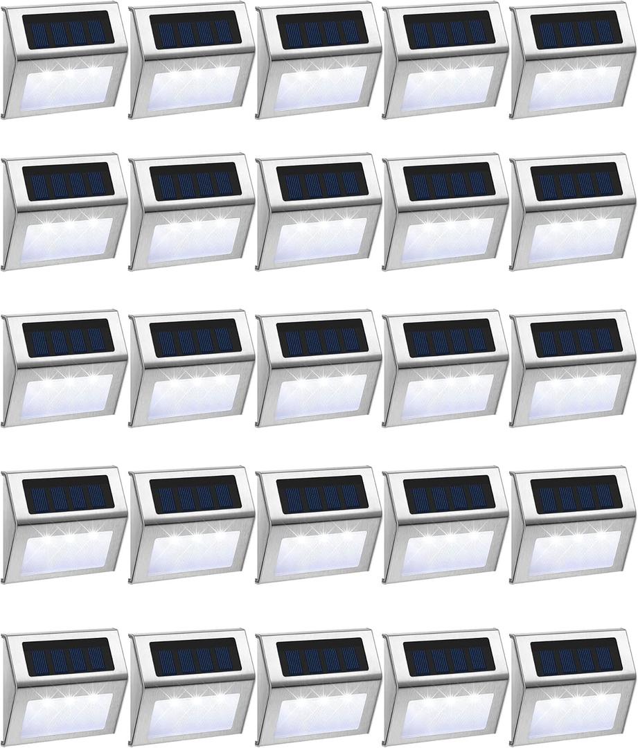 Treela 24 Packs Outdoor Fence Lights Solar Powered Deck Lights Waterproof Backyard Lighting Stainless Steel Lamp Stairs Fence Light Security Wall Lamps for Step Walkway Patio Garden Pathway (White)
