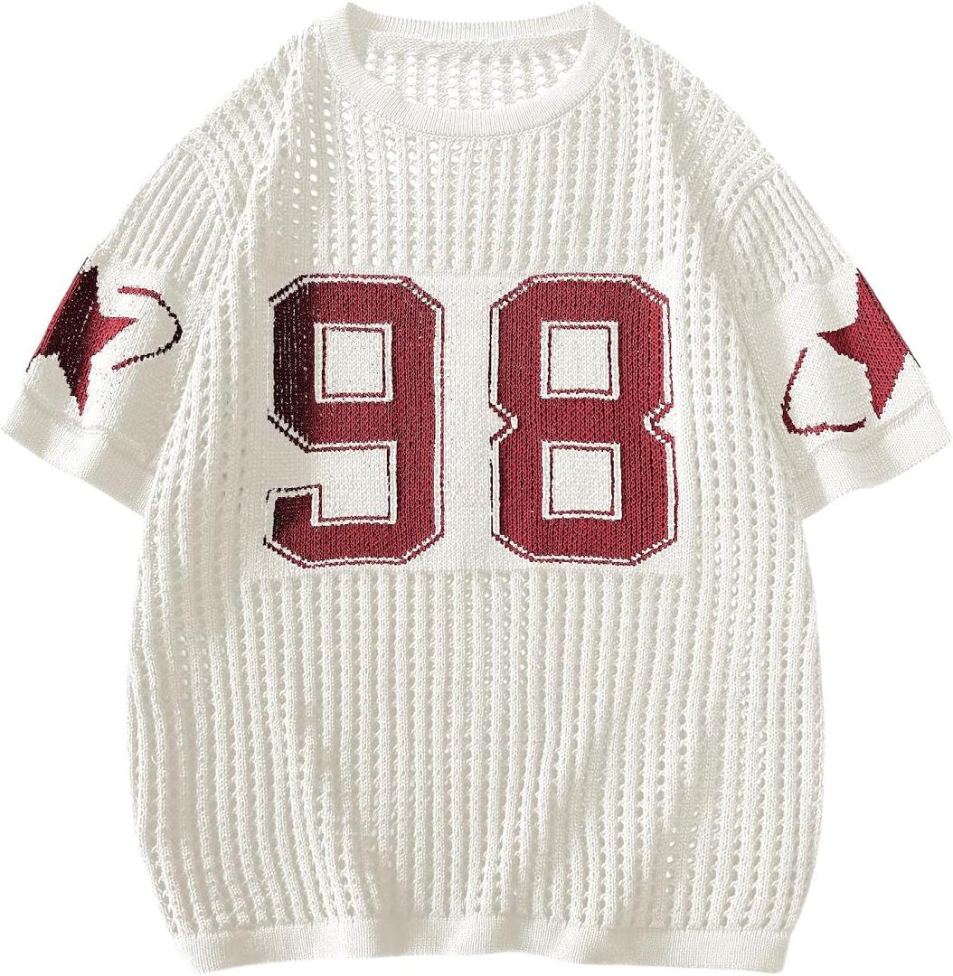 BEAUDRM Women's Y2K Jersey Shirts Oversized Number Crochet Hollow Out Jersey Tee Sweater Crew Neck Short Sleeve Knit T Shirts White and Red Large