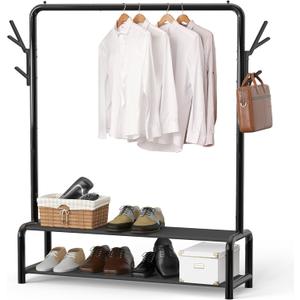 Simple Houseware 52-Inch Garment Rack with Storage Shelves and Coat/Hat Hooks, Freestanding Clothing Organizer, Black