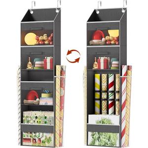 Over Door Wrapping Paper Organizer Storage with 3 Removable Drawers & Side Pockets  Dual Use Design with Elastic Straps  Christmas Gift Wrap Storage for Ribbons, Bows, Ornament and Other Tools (Grey)