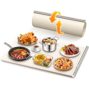 Food Warming Mat, 10s Fast Full-Surface Heating Warming Tray, Raised Feet Protect Countertop, 3 Temperature Levels, 4-Hour Timer, Portable Design for Party Buffet Home Use, Beige