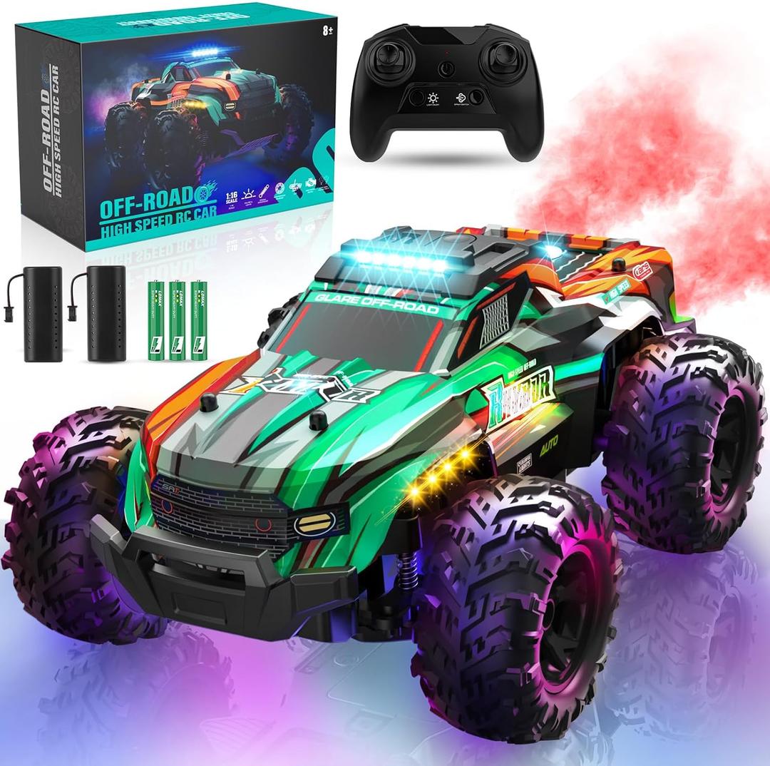 BLUEJAY Remote Control Car, 1:16 All Terrain High Speed RC Cars Truck for Boy, Rechargeable Monster RC Truck with Cool LED Lights & Spray, RC Cars Toys Gifts for Adults Kids Boys Girls 4-7 8-12 (Orange)