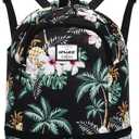 Dry Wet Drawstring Backpack with Shoe Compartment for Women Adjustable Gym Bag (Coconut Palm)