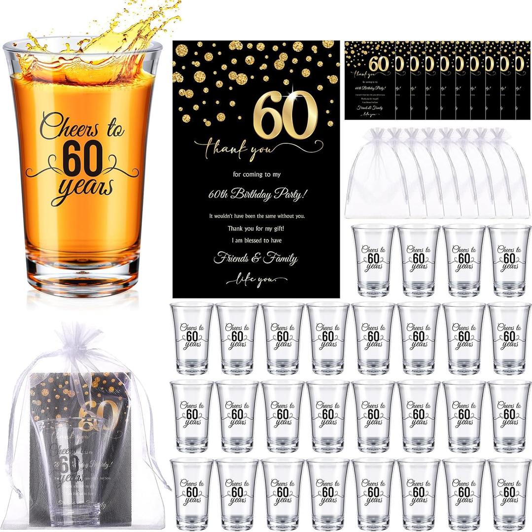 50 Sets Birthday Party Favors for Guests Bulk, 1.4 oz Cheers to 40/45/50/55/60/65 Years Plastic Personalized Glasses Cups with Thank You Cards Gift Bag for Birthday Wedding (Black 60 Years)