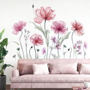 decalmile Large Flower Wall Decals Gifts for Mom Pink Watercolor Floral Blossom Wall Stickers Bedroom Living Room TV Background Home Decor