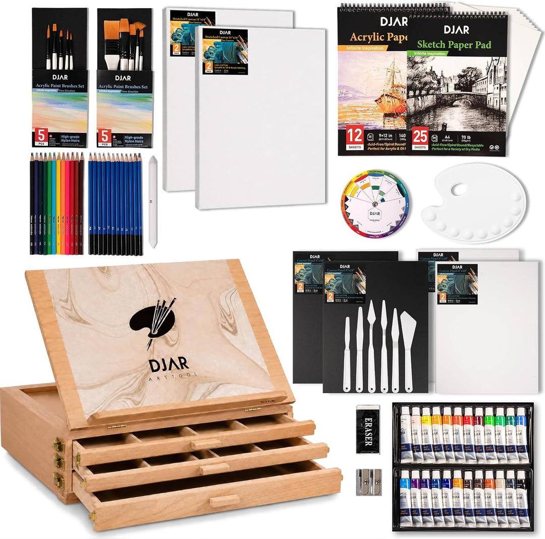 DJAR 87 pcs Acrylic Paint Set with 3 Drawer Storage, 24 Colors of Acrylic Paint, Sketch Book, Paints and Pads, Art Supplies Kit for Adults, Teens and Beginners, Compact