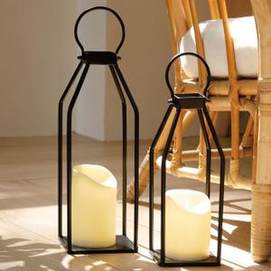 Perfnique Modern Farmhouse Lantern Decor, 15'' 13'' Set of 2 Black Metal Lantern, 2 LED 6hr Timer Flameless Candles Remote Timer, Lanterns Decorative for Outdoor, Home, Indoor, Patio, Christmas
