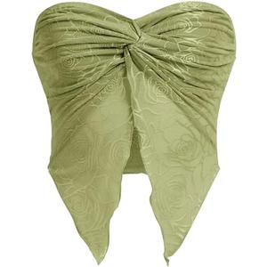 Meladyan Woman Twist Knot Front Split Embroidery Lace Crop Tube Tops Ruched Sheer Mesh Strapless Solid Crop Bandeau Tank Top Green
