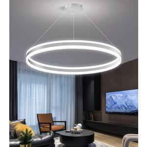 D31.5'' Modern Ring Chandelier for Dining Room LED Dimmable Pendant Lighting High Ceiling Chandelier for Living Room Foyer Bedroom Entryway 3000K-6000K Silver, 1 Rings-31.4''
