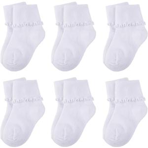 6 Pairs Newborn Infant Toddler Baby Girls Turn Cuff White Ruffle Frilly Cotton Dress Crew Socks, 0-6 Months