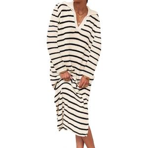 Saodimallsu Womens Striped Sweater Dress Fall Chunky Knit V Neck Collared Long Sleeve Sexy Slit Loose Midi Dresses (Beige)