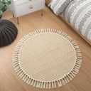 Lahome Belle Boho Round Rug 3ft, Small Circle Rugs for Entryway Kitchen Cotton Washable Indoor Door Bath Mat with Tassels, Farmhouse Round Area Rug Non Shedding Circle Carpet for Bedroom Entry, Khaki