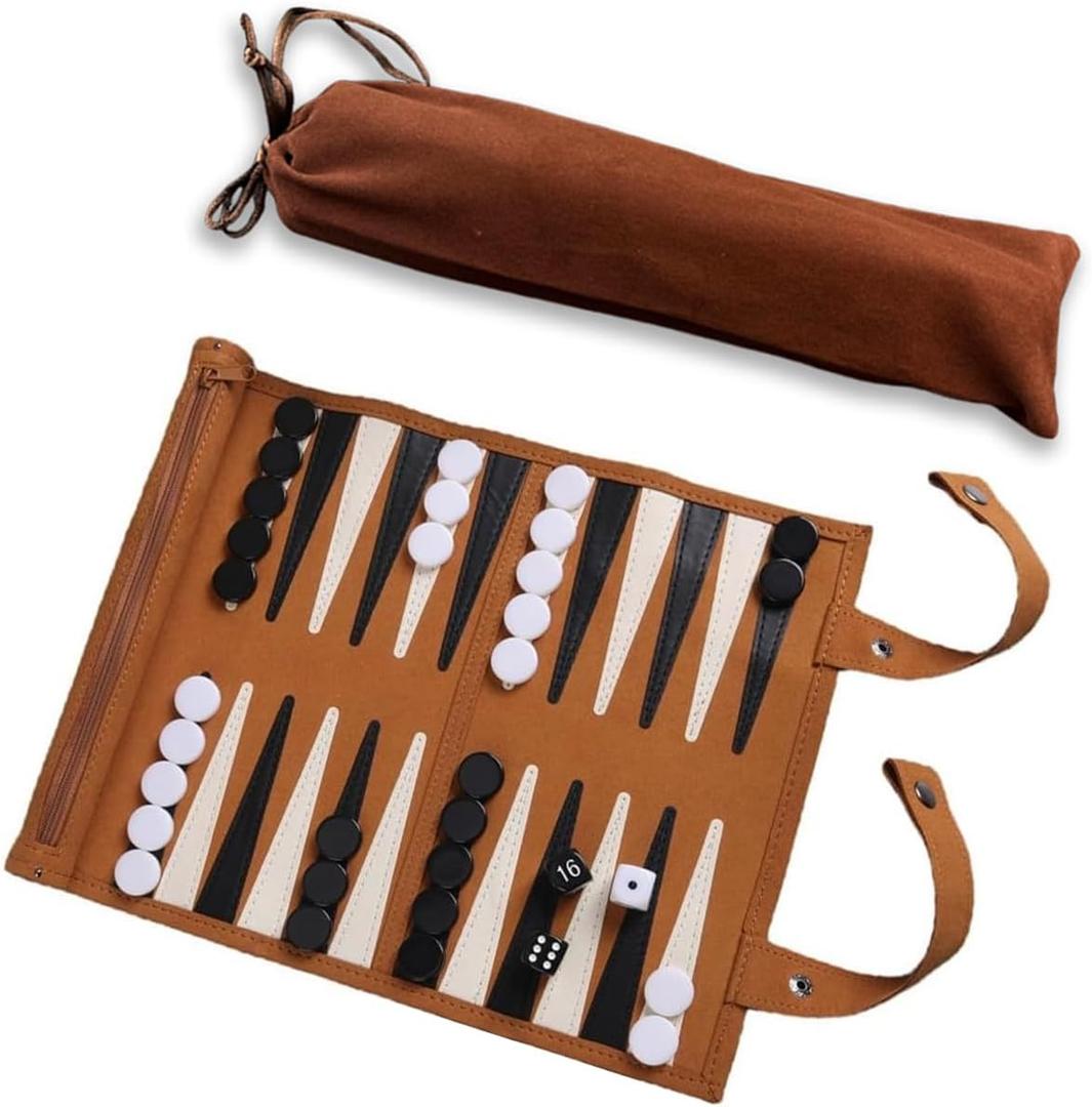 Leather Travel Backgammon Chess Set, Roll Up Folding Classic Board Game Travel Backgammon Set with Drawstring Bag, Portable and Lightweight
