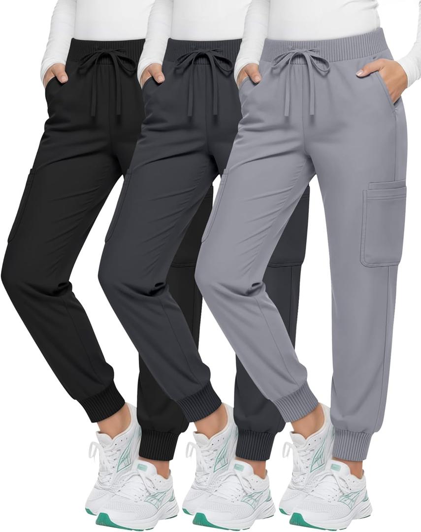 3 Pack Womens Scrub Pants Cargo Jogger Bottoms with Pockets Elastic Drawstring Waistband Soft Stretch Yoga Pants (X-Large, Black, Light Gray, Dark Gray)