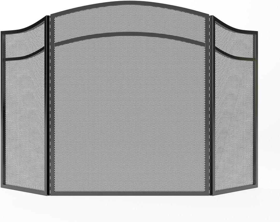 Lizh Metalwork 3 Panels Fireplace Screen with Arch Frame Simple Design 48"(L) x 29"(H),Black