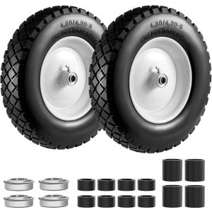 4.80/4.00-8" Tire and Wheel Flat Free 2 PCS, 16" Solid Wheelbarrow Tire with 5/8" & 3/4" Bearings,3"-7" Centered Hub, 14"-16" Universal Fit for Hand Truck/Garden Trailer/Trolley/Wagon (Black-White)