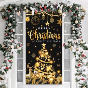 Large Size Merry Christmas & Happy New Year Party Banner, Black Gold, 71x35 Inches