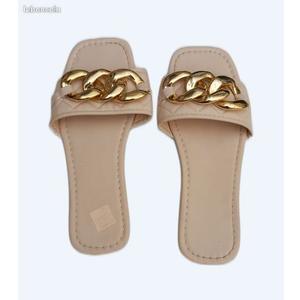 Women's Metallic Flat Sandals Open Toe Single Band Slide Sandals Gold, Size 38