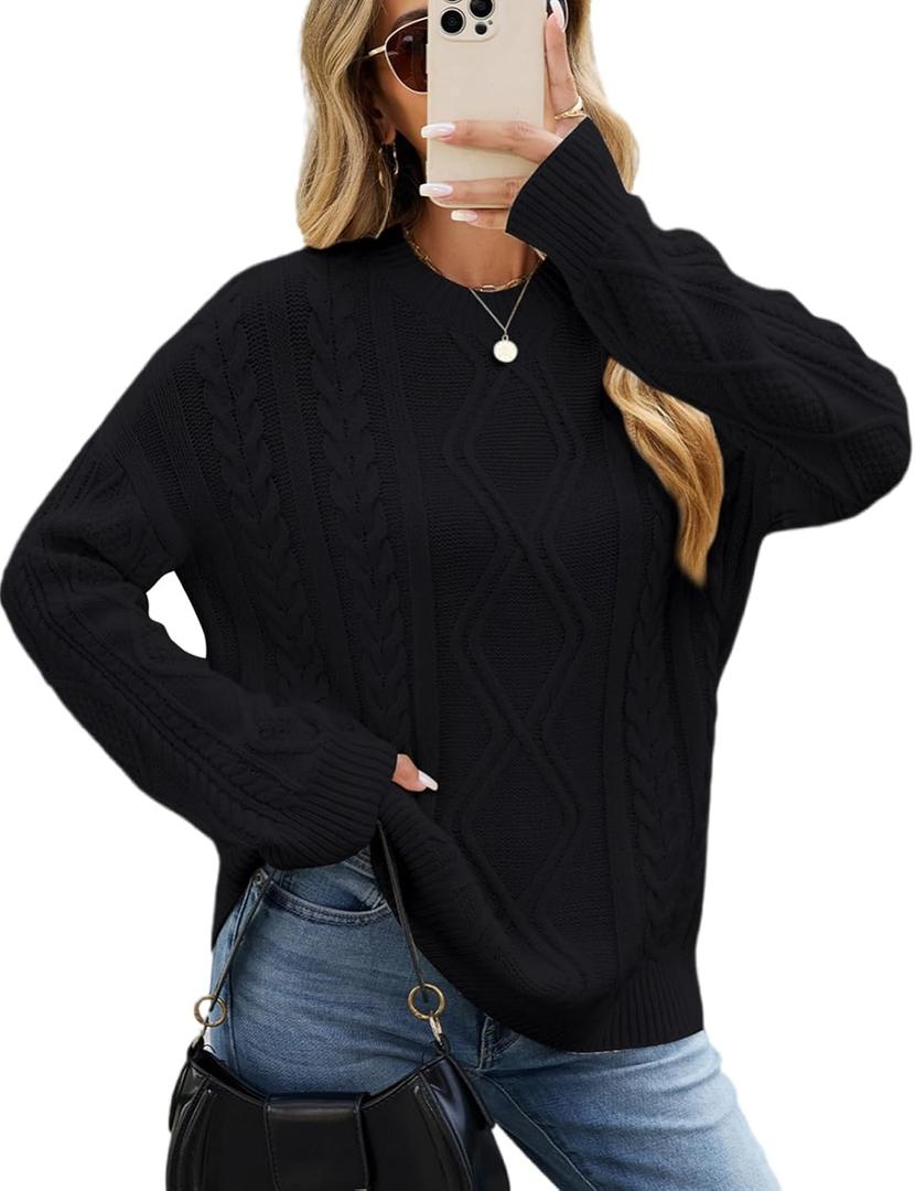 CiCiBird Women Fall Sweater Oversized Cable Knit Tops Fashion Crewneck Pullover 2025 Long Sleeve Outfits (Black, L)