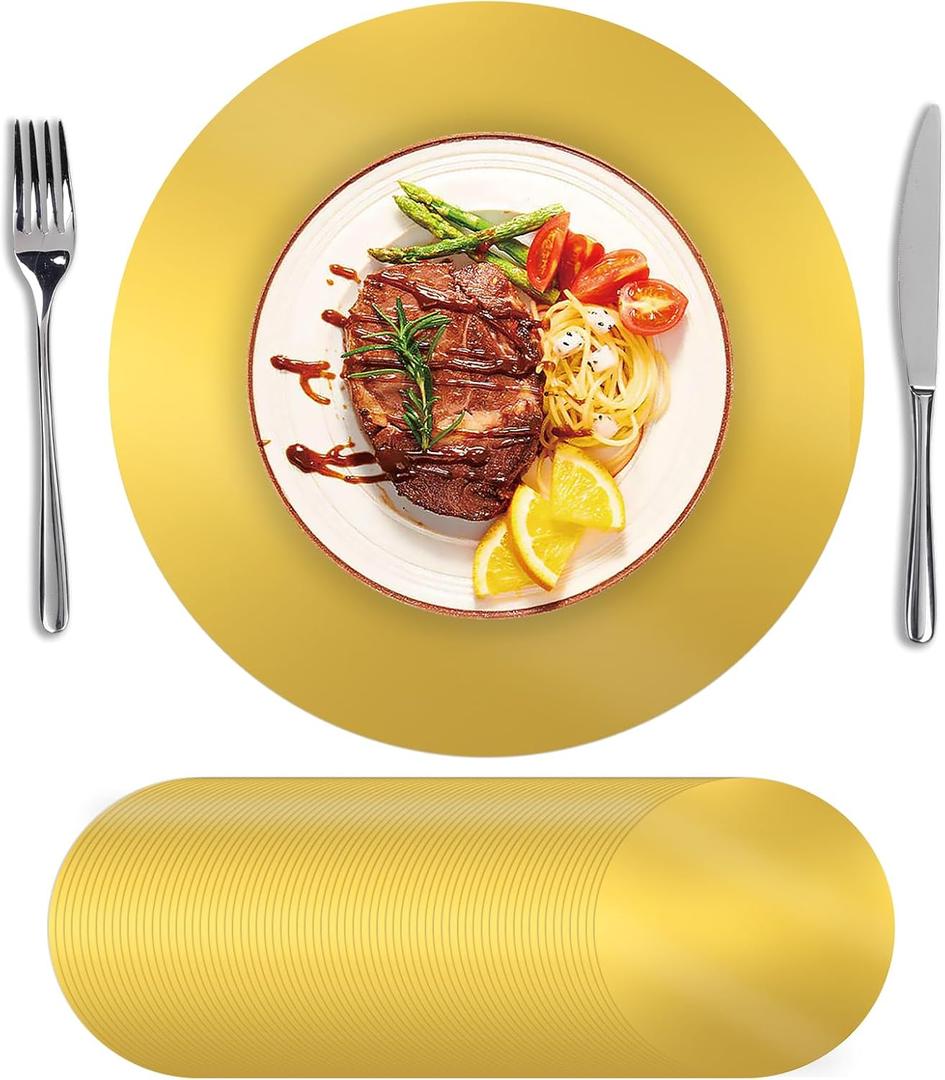 SHACOS 50Pcs Round Gold Placemats, Paper Place Mats Disposable for Dining Table, Charger Plates Table Mat for Christmas Dinner Party Wedding Birthday Banquet Table Setting Decor, 13" Gold