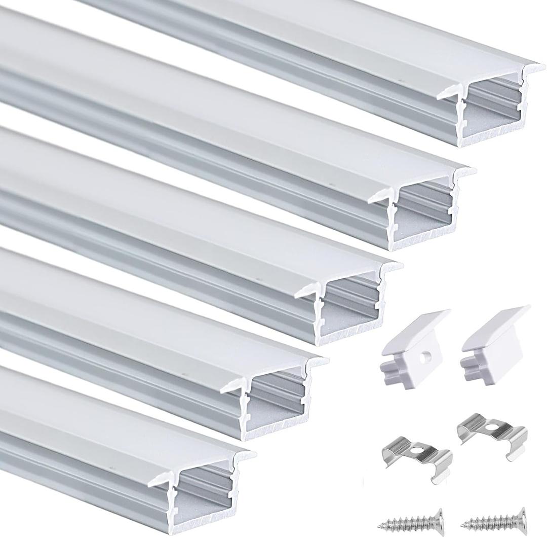 Muzata 5Pack 3.3FT/1M Recessed LED Channel with Milky White Cover U Shape Aluminum LED Strip Diffuser Channel U127 WW 1M