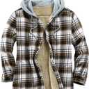 Men's Cotton Plaid Shirts Jacket Fleece Lined Flannel Shirts Sherpa Button Down Jackets with Hood for Men (Black Line White Khaki)