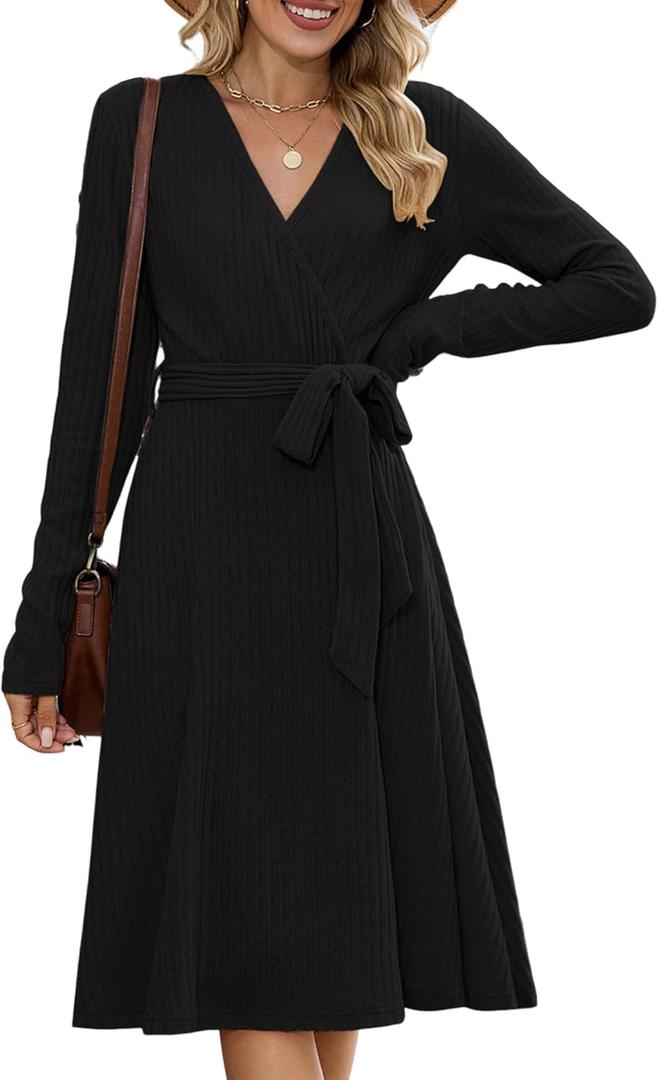 ZAFUL Women's 2026 Casual V Neck Long Sleeve Sweater Dress Wrap Ribbed Knit Pleated Midi Dresses with Belt (Large, Black)