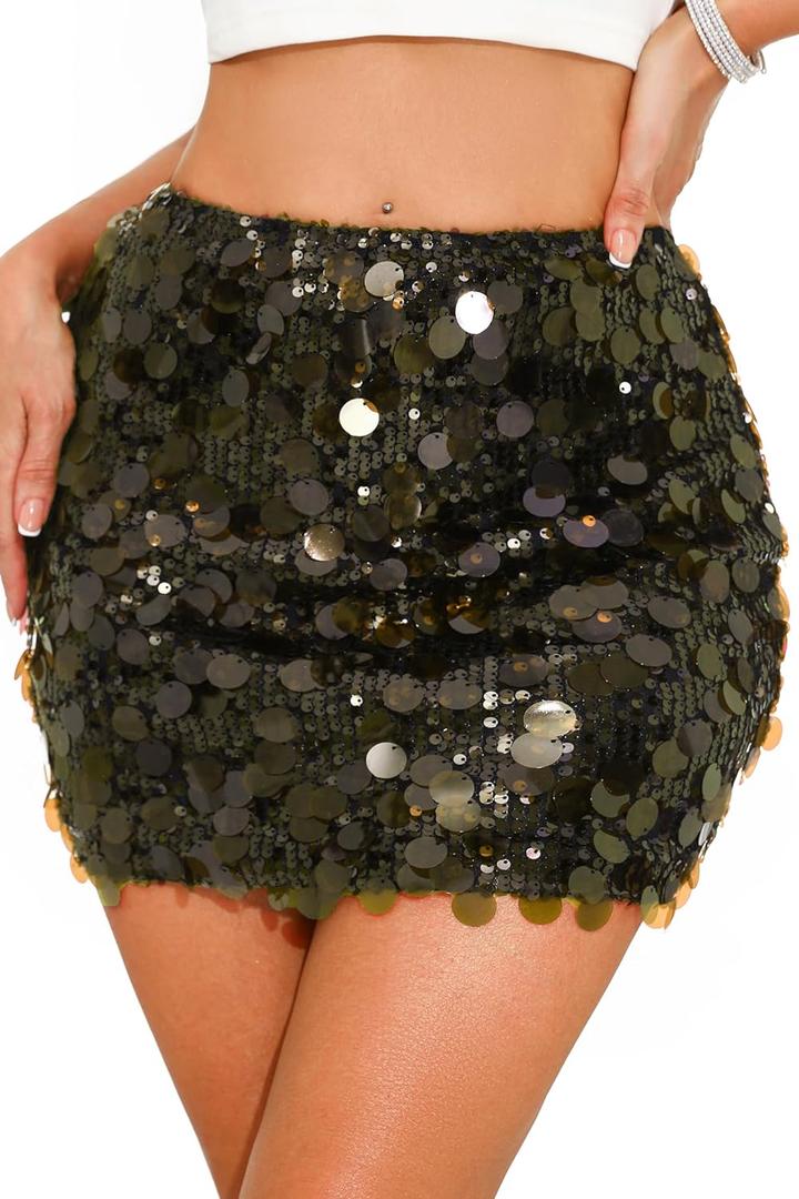 GUANYY Women's Sequin Skirt Stretchy Bodycon Mini Sexy Sparkly Skort Glitter Shiny Night Out Party Skirt (Crystal Dark Green)
