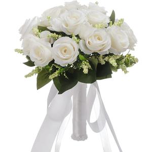 CYANLUX Wedding Bouquets for Bride Bridesmaid Bouquet Champagne White Artificial Roses Flowers for Wedding Valentine's Day Church Home Decoration (1#White)