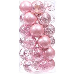 Sea Team 60mm/2.36" Shatterproof Clear Plastic Christmas Tree Ball Ornaments Set, Decorative Hanging Transparent Xmas Baubles with Stuffed Delicate Decorations (30 Counts, Pink)