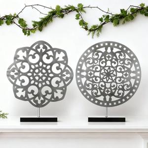 Shimeyao 2 Pcs 10.8 x 13.4 in Metal Carved Cutout Tabletop Decor Sculpture Above Cabinet Decor Kitchen Flower Medallion Retro Statues Tabletop Centrepieces for Cabinets, Bookshelf, Mantel, Office