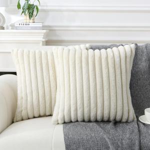 Decorative Throw Pillow with Inserts, Set of 2 Soft Faux Fur Throw Pillows, Square Boho Striped Pillow for Couch, Bed, Sofa Decor(Beige, 18" x 18")