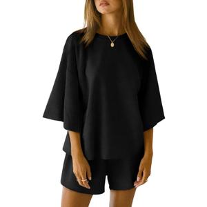 Tankaneo Womens Pajama Sets 3/4 Sleeve Oversized Tops & Loose Fit Shorts Lounge Set with Pockets Loungewear (Black, XXL)