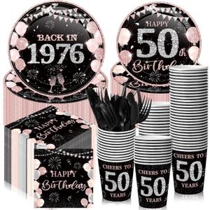 240 Pcs 50th Birthday Decorations Birthday Party Tableware Include Plates Napkins 9oz Cups Cutlery Anniversary Dinnerware Party Supplies for Men Women Him Her, Serve 30 Guests (Black Pink)