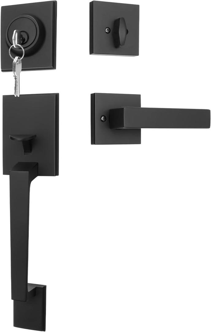 goldenwarm Front Door Handle and Deadbolt Set, Black Front Door Lock Set with Reversible Handle Lever, Modern Front Door Hardware, Single Cylinder Front Door Entry Lock, Front Door Handles and Locks