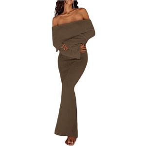 SOLY HUX Women's Off The Shoulder Long Sleeve Sweater Dress Party Formal Bodycon Maxi Dresses (Large, Plain Brown)