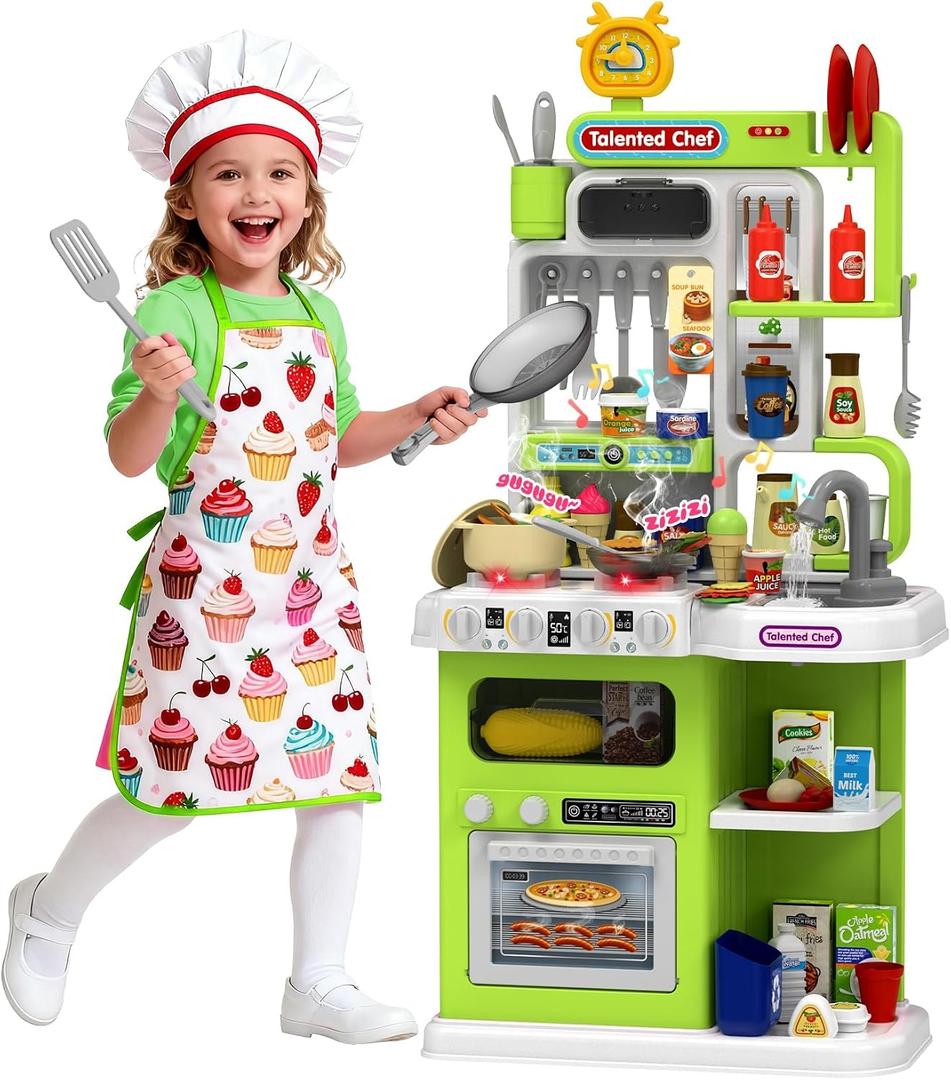 DRAMATION Kids Kitchen Playset, 36.22'' Play Kitchen for Toddlers 1-3 with Steam, Sound & Light, Cooking Stove, Play Sink, Oven and Toy Kitchen Accessories, Kitchen Set for Boys Girls 3 4 5 (Green)
