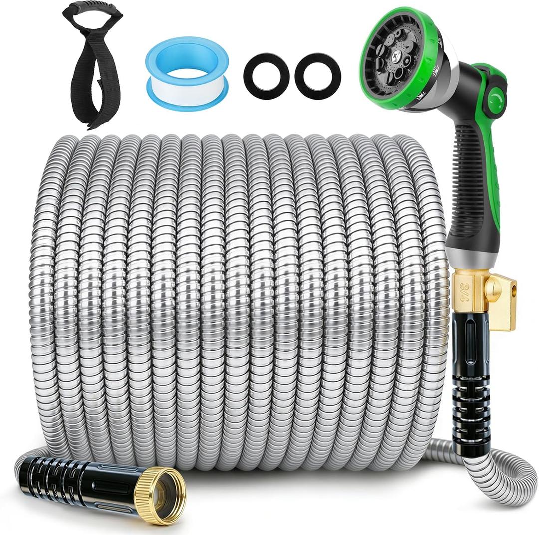Stainless Steel Garden Hose 50 ft - 304 Stainless Steel Kink-Free Metal Water Hose with Shut-Off Valve & Hose Straps, Heavy Duty, Rust/Puncture Proof for Yard, Lawn and Car Washing, 50 Feet